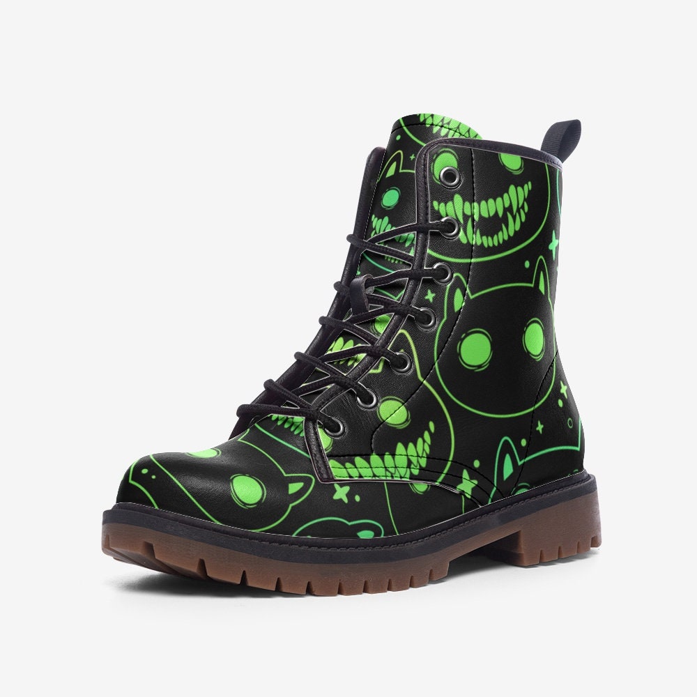 Green Neon Cat Black Vegan Leather Unisex Boots