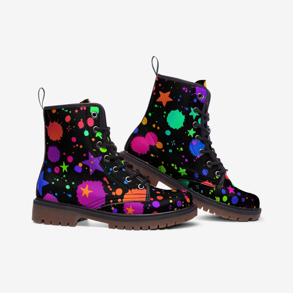 Rainbow Splatter Black Vegan Leather Unisex Boots