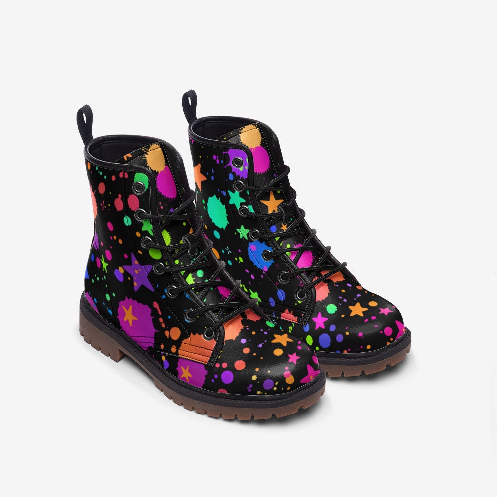 Rainbow Splatter Black Vegan Leather Unisex Boots