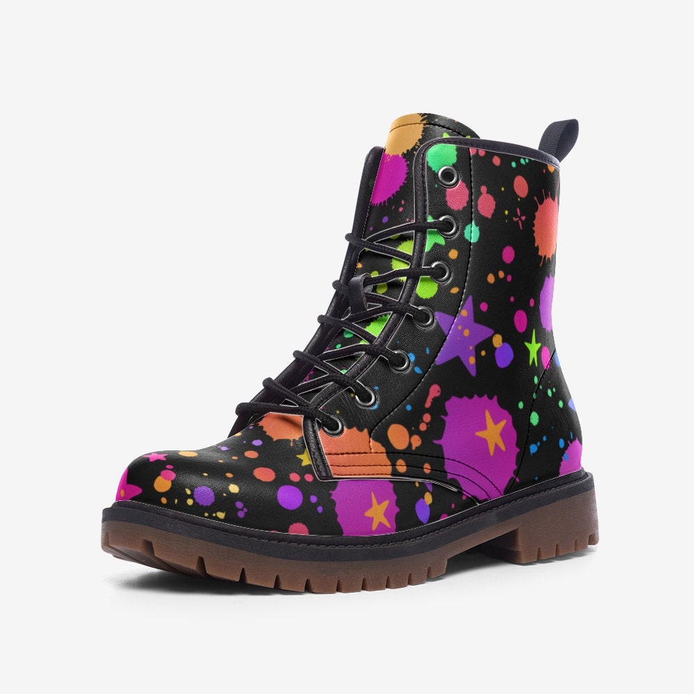 Rainbow Splatter Black Vegan Leather Unisex Boots