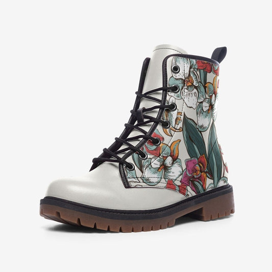 Boho Floral Off White Vegan Leather Unisex Boots