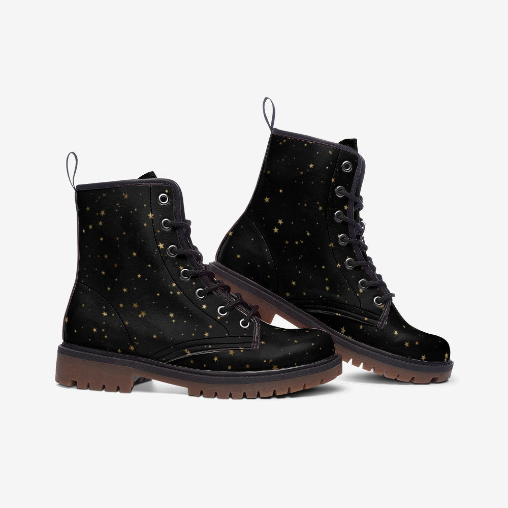 Gold Stars Witchy Black Vegan Leather Unisex Boots