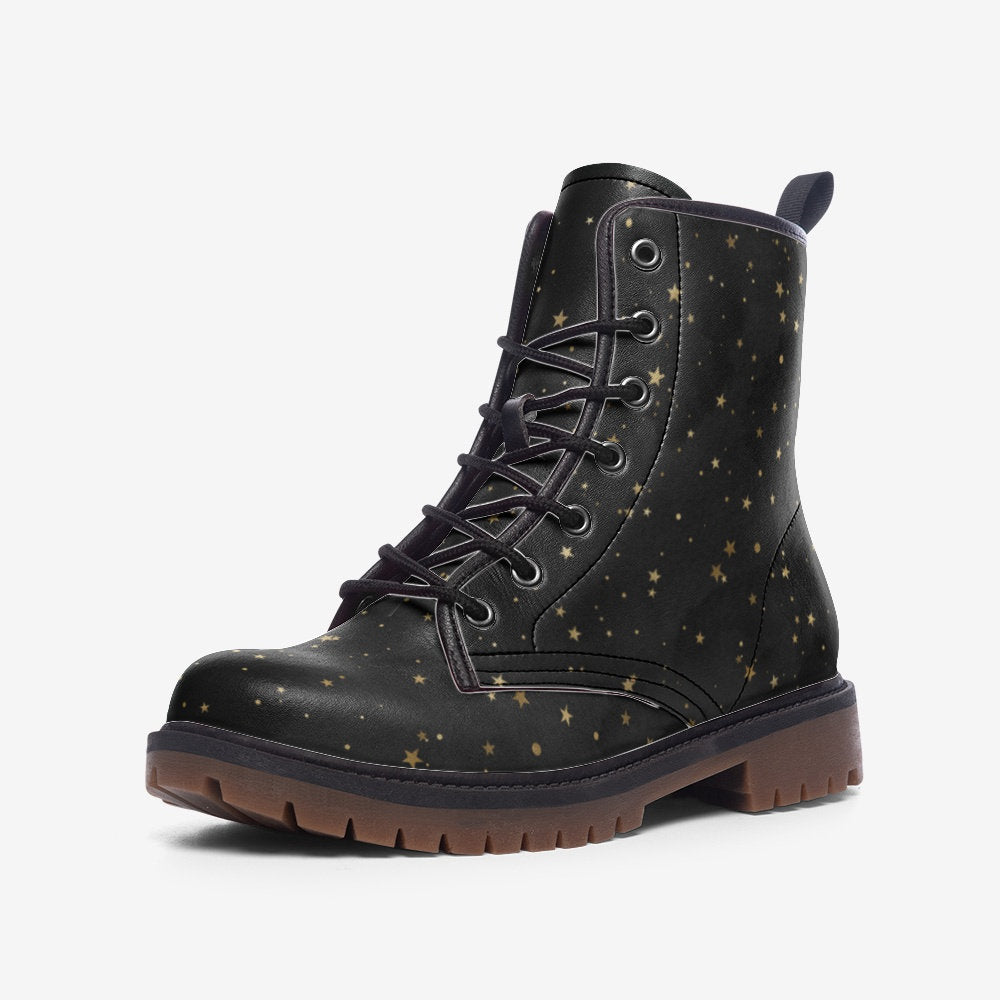 Gold Stars Witchy Black Vegan Leather Unisex Boots