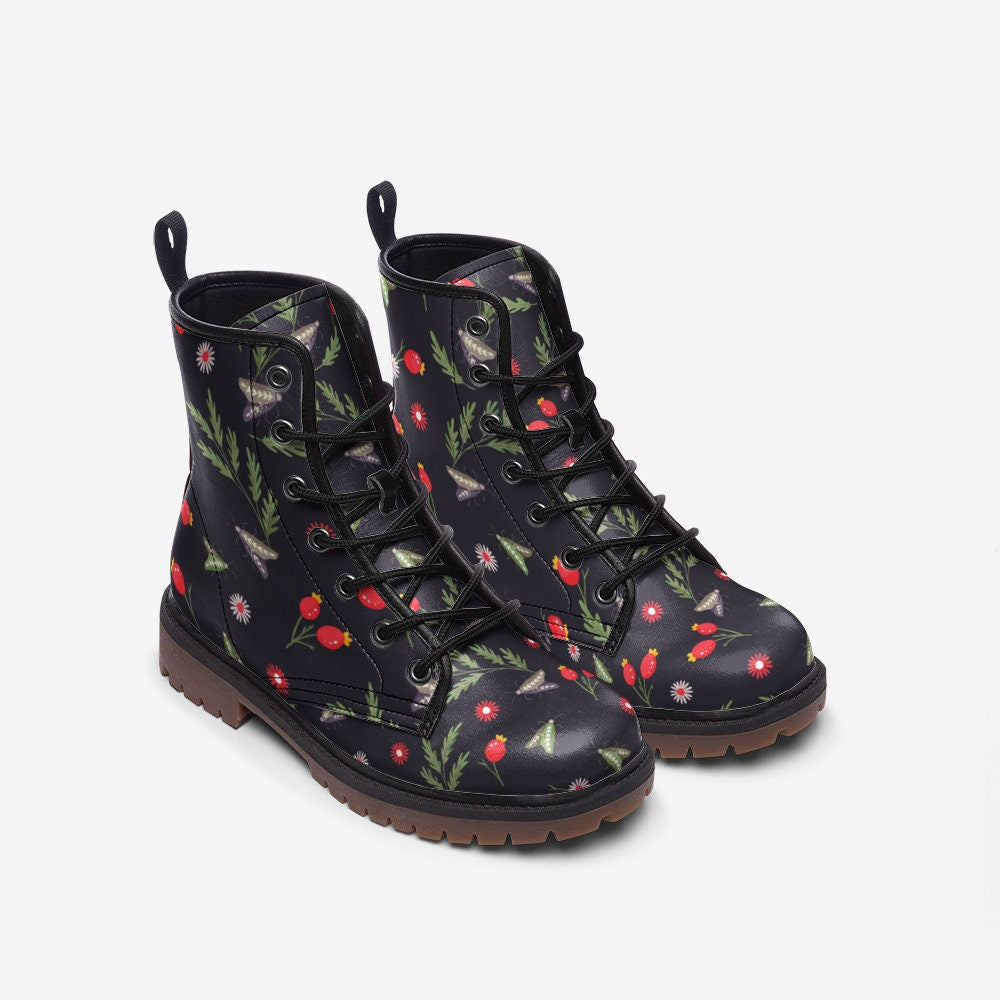 Goblincore Petite Flowers Dark Vegan Leather Unisex Boots