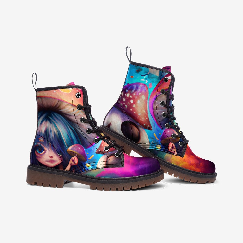 Rainbow Mushroom Girl Vegan Leather Unisex Boots