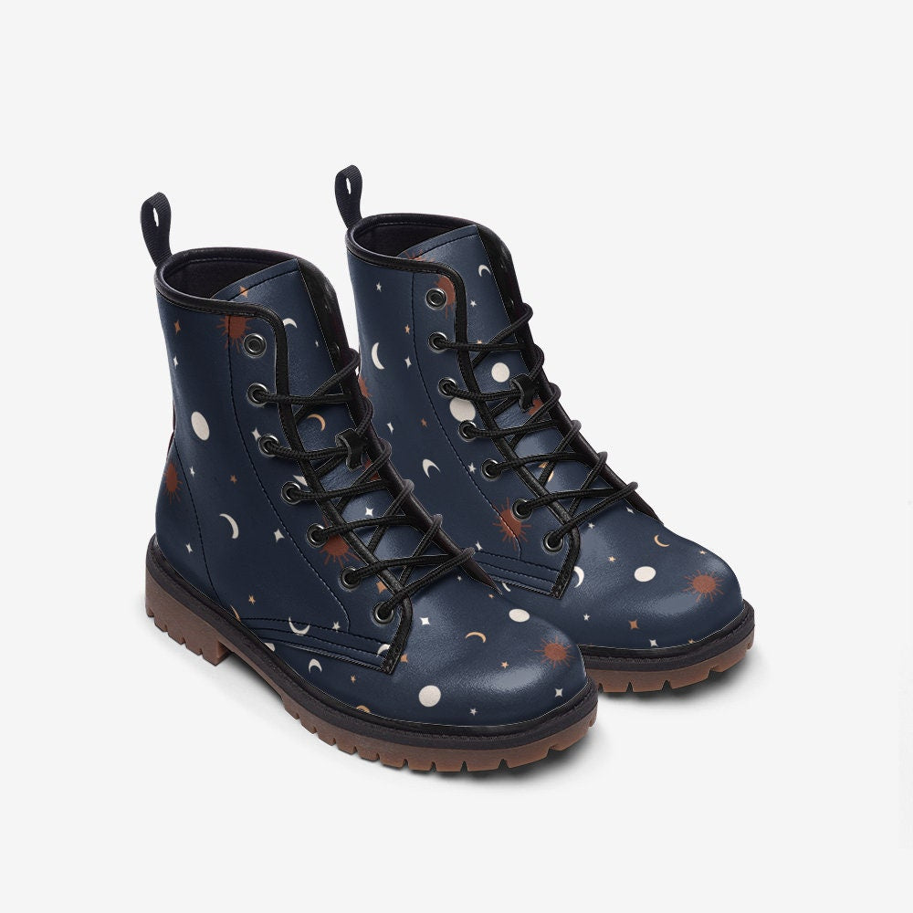 Celestial Starry Moon Navy Vegan Leather Unisex Boots