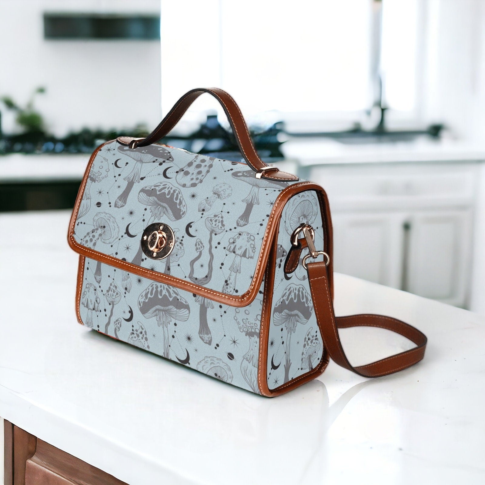 a purse sitting on a counter in a kitchen