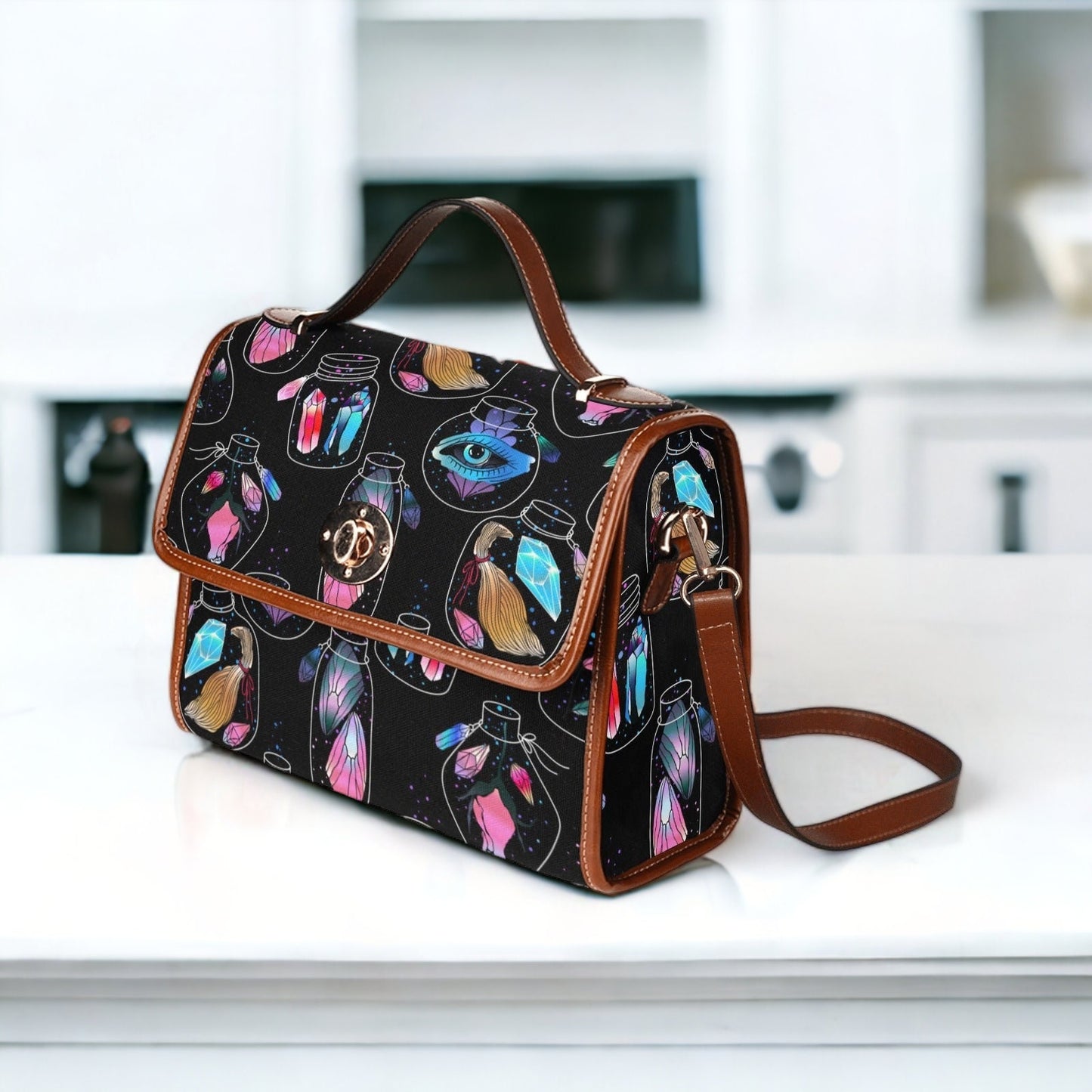 a handbag sitting on top of a white counter