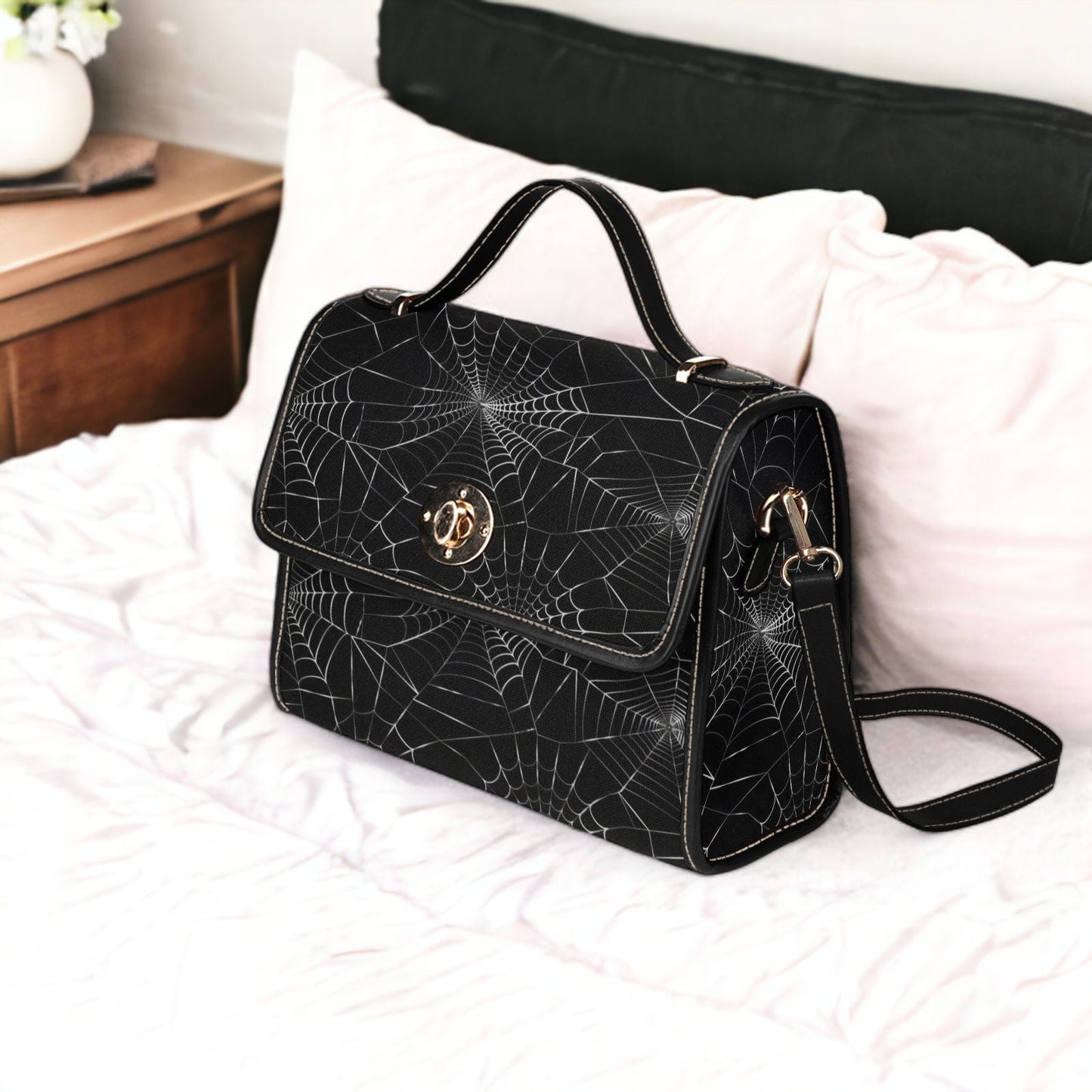 Spiderweb Gothic Purse, Canvas Satchel bag, Vegan Goth Bag, Halloween Costume Adult Cosplay, Cute Black Witch women cross body purse